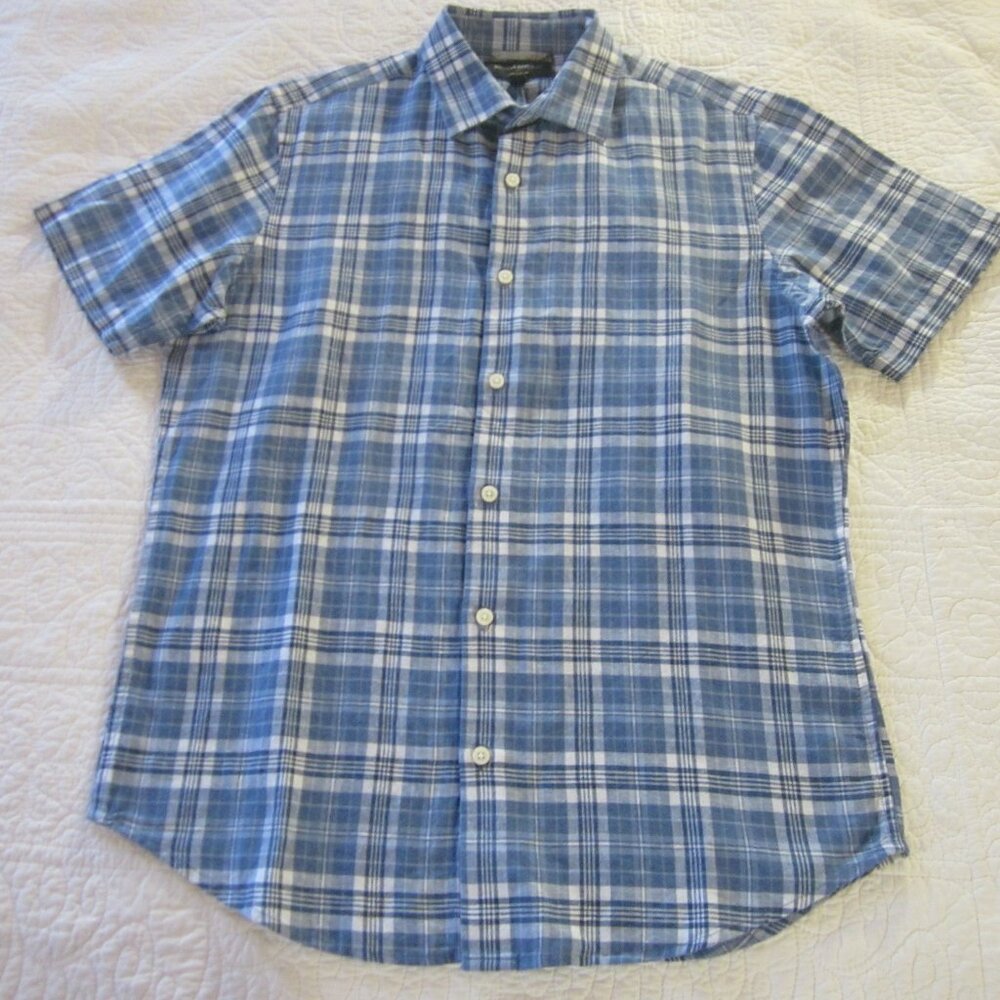Banana Republic Shirt Size S Slim Fit Blue Plaid Linen Blend Short Sleeve.